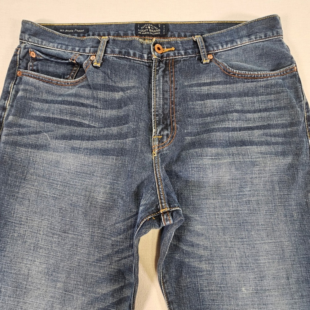 Lucky Brand 363 Vintage Straight Jeans Mens 38x30 Blue Denim Whiskers Indigo
